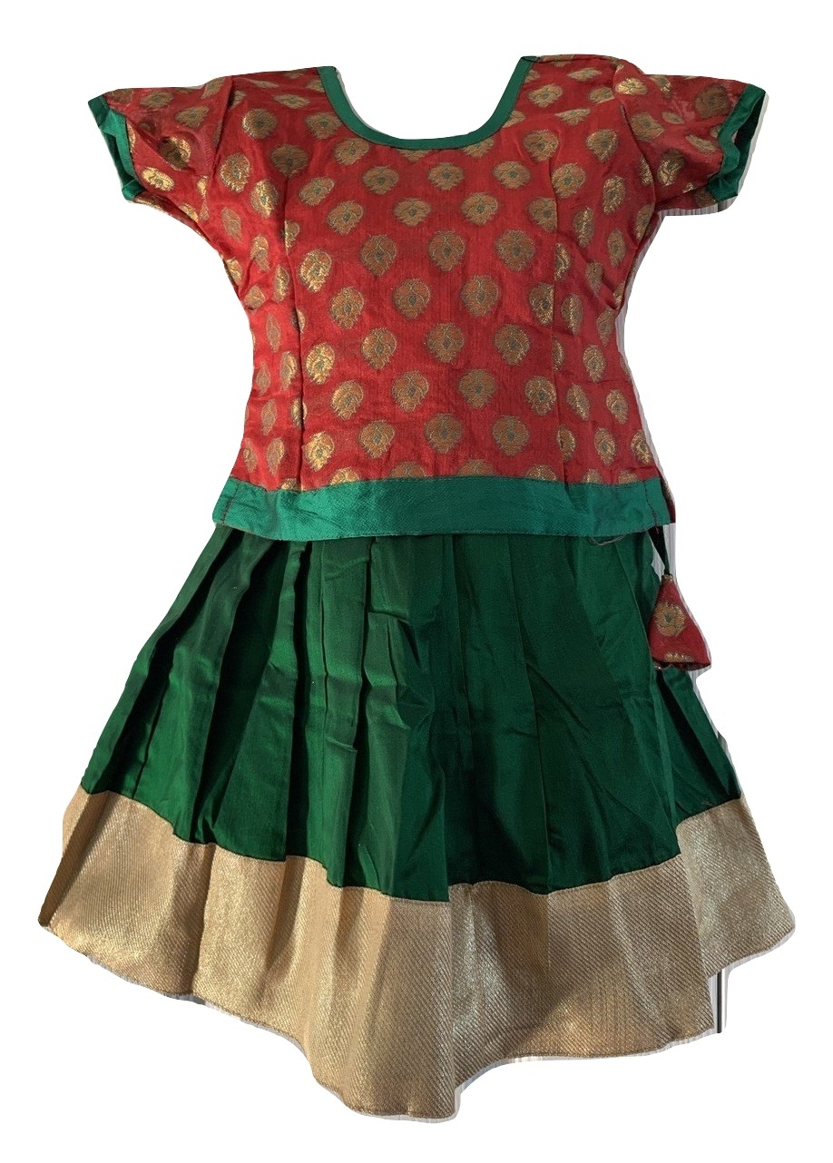 Bottle Green and Red Pattu Pavada - Size 12 ( 0 to 6 months ) Bottle Green and Red Pattu Pavada - Size 12 ( 0 to 6 months )