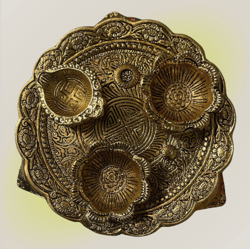 Golden Pooja Plate/Thali w/ Diya and Kumkum Katori & Carving 