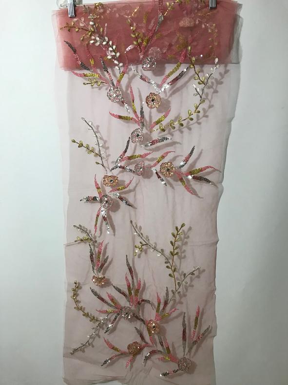 Light Ruby Pink Net Scarf w/  Sequence Flowers Embroidery