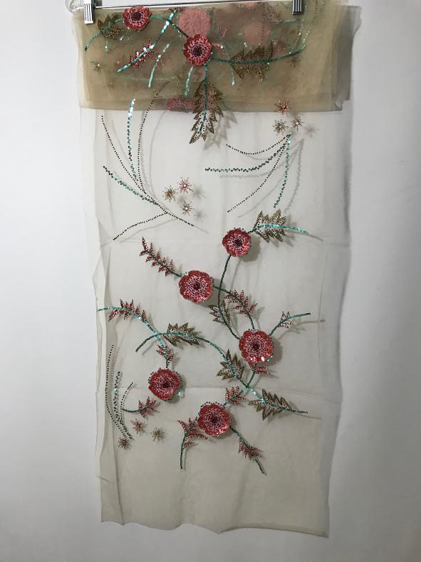 Light Cream w/  Pink Flowers Embroidered Sholder Fancy Stole In Net
