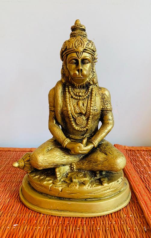 Golden Brass Hanuman Statue Meditating 7.6"