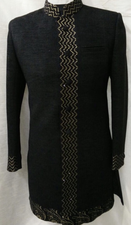 Velvet Textured Black Sherwani w/ Swarovski Neck & Cuff Work