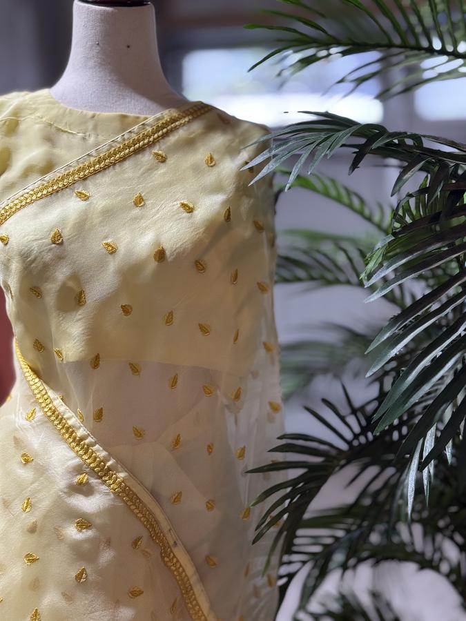 Pastel Yellow Organza Saree with Elegant Leaf Motifs - Includes Fully Stitc