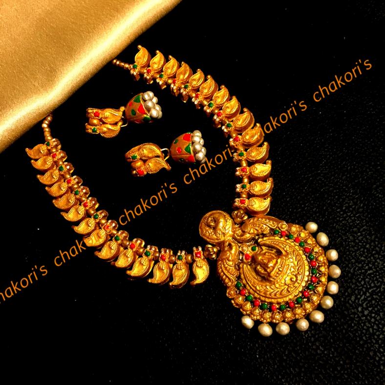 Lakshmi pendant & mango necklace w/Jhumkas -Terracotta Party wear Lakshmi pendant & mango necklace w/Jhumkas -Terracotta Party wear