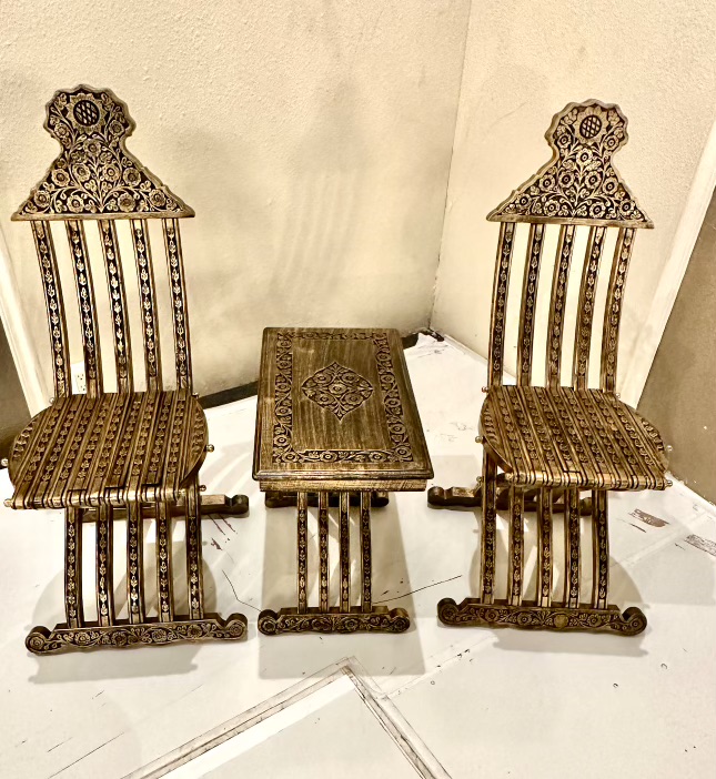 Carved Patterned Teakwood Chair Set  