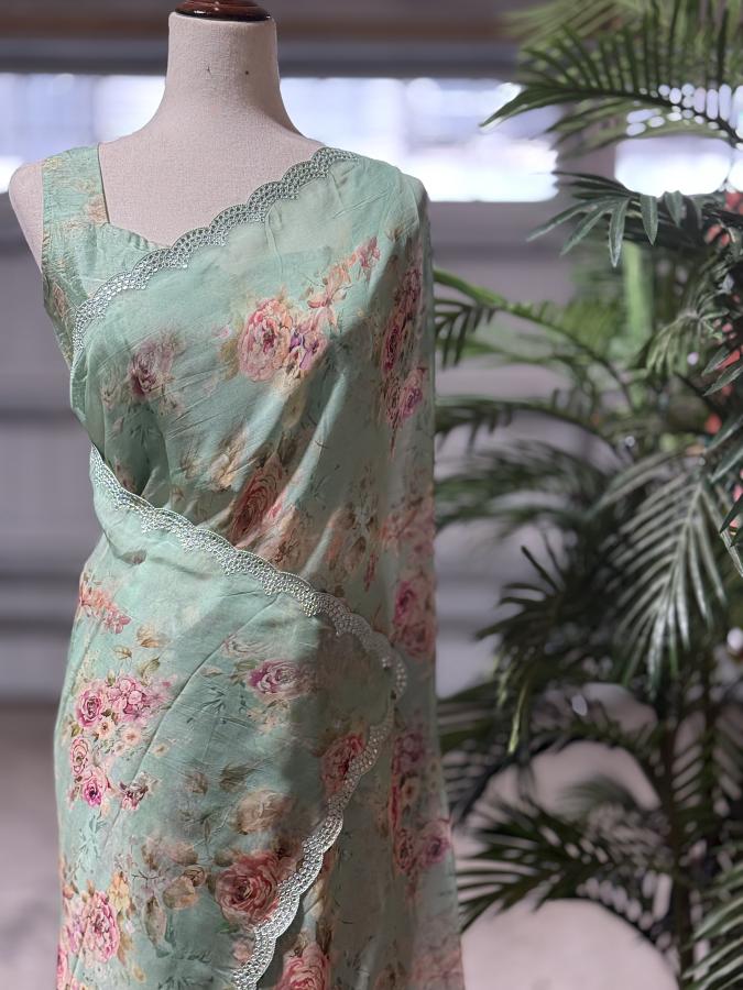 Pastel Green Soft Organza Saree - Digital Floral Print with Stitched Blouse