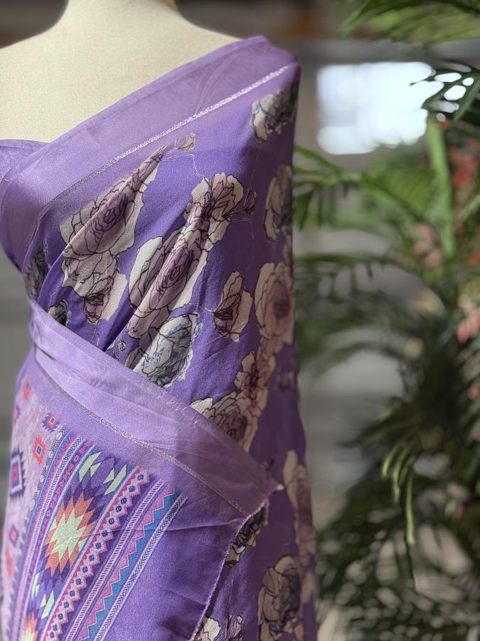 Elegant Lavender Chiffon Saree with Floral Digital Print - Includes Unstitc