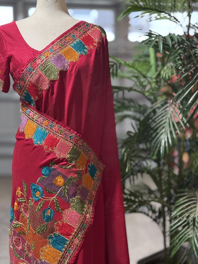 Red Crush Tussar Silk Saree with a Stitched Blouse