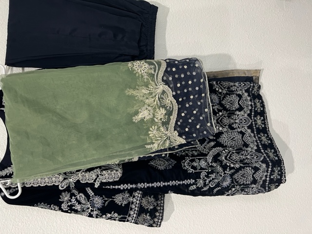 Navy Blue & Green Trendy Pakistani Velvet Party Wear Navy Blue & Green Trendy Pakistani Velvet Party Wear