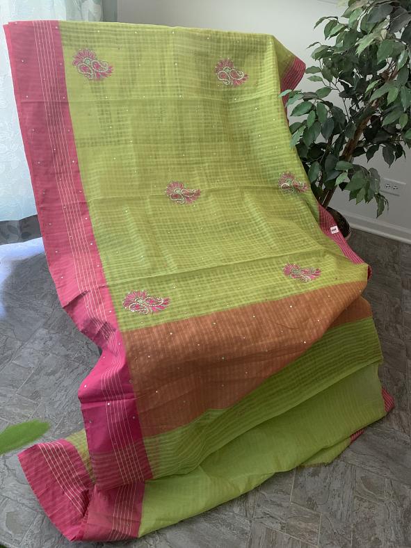 Green & Pink Embroidered Uppada Cotton Silk Saree ( Festival Discount) Green & Pink Embroidered Uppada Cotton Silk Saree ( Festival Discount)