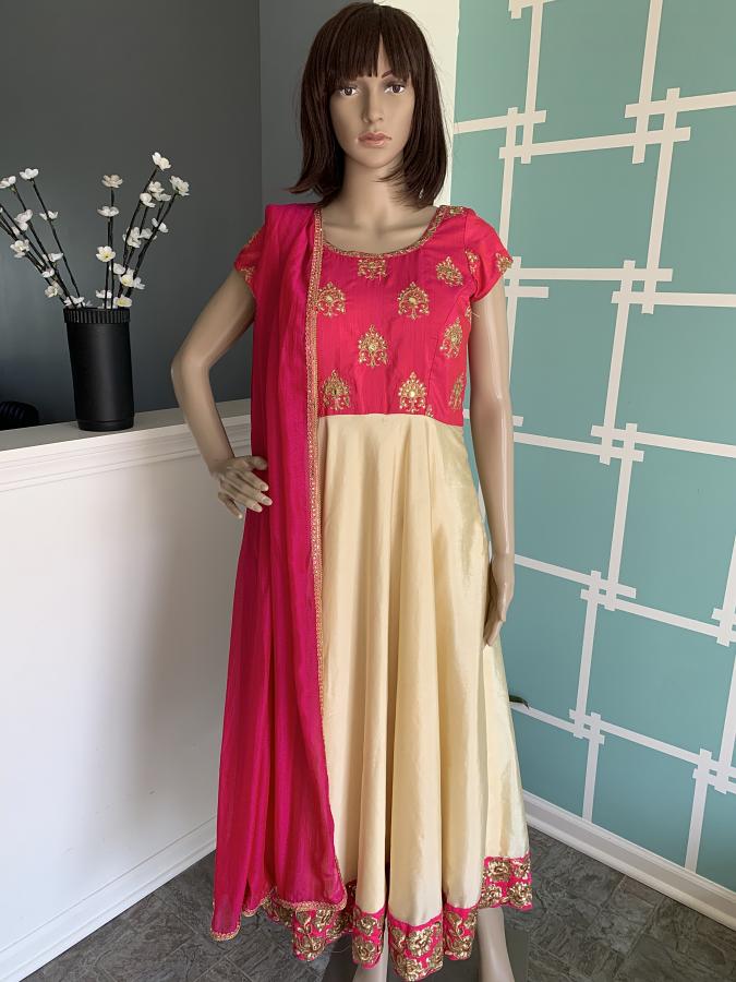 Designer Cream & Pink Kundan Work Partywear Salwar Set (Large) Designer Cream & Pink Kundan Work Partywear Salwar Set (Large)