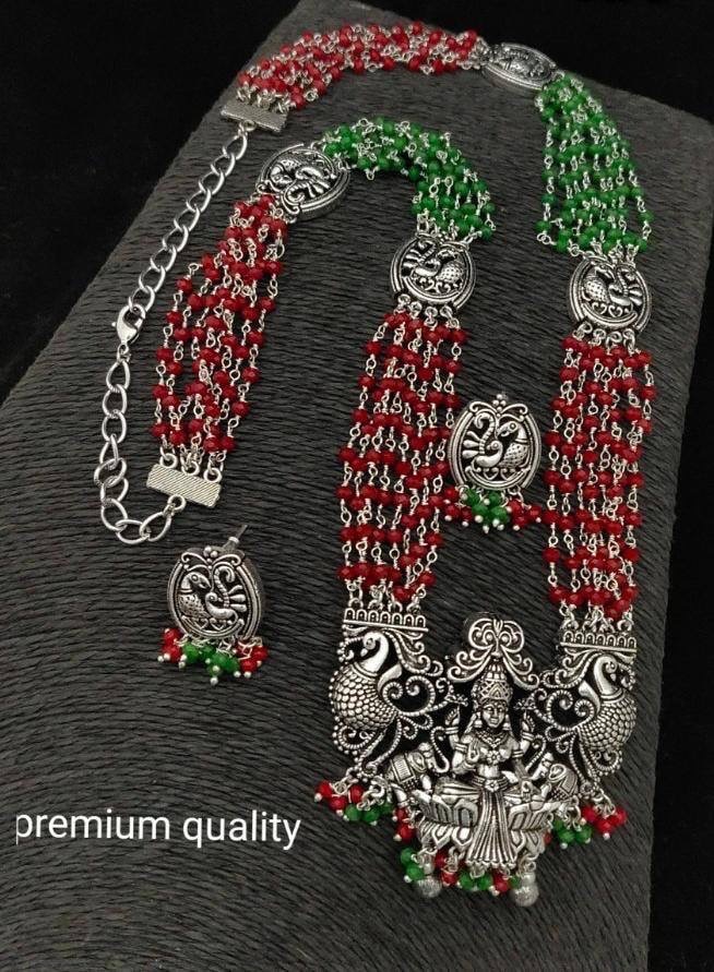 Lakshmi Oxidised Pendant and Studs in Multi Layered Seed Beads -RED & GREEN