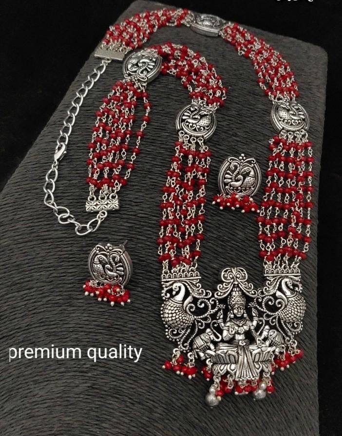 Lakshmi Oxidised Pendant and Studs in Multi Layered Seed Beads -RED!!