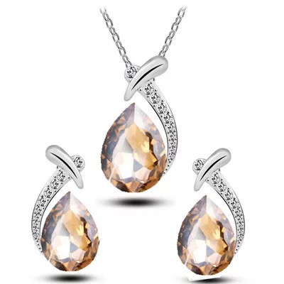 Crystal Diamond Gemstone Earring Necklace Jewelry Set - Gold