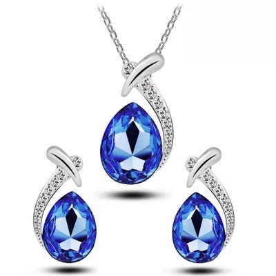 Crystal Diamond Gemstone Earring Necklace Jewelry Set - Deep Blue