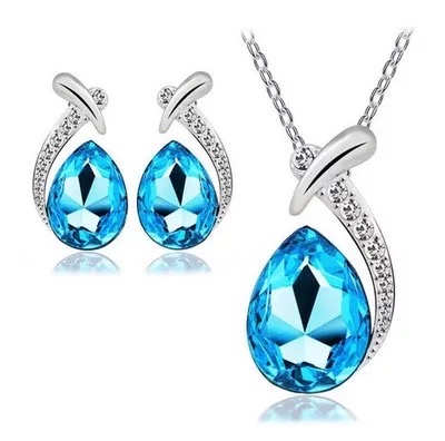Crystal Diamond Gemstone Earring Necklace Jewelry Set - Sea Blue
