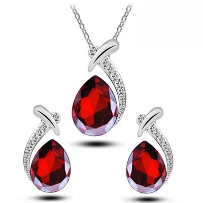 Crystal Diamond Gemstone Earring Necklace Jewelry Set - Red