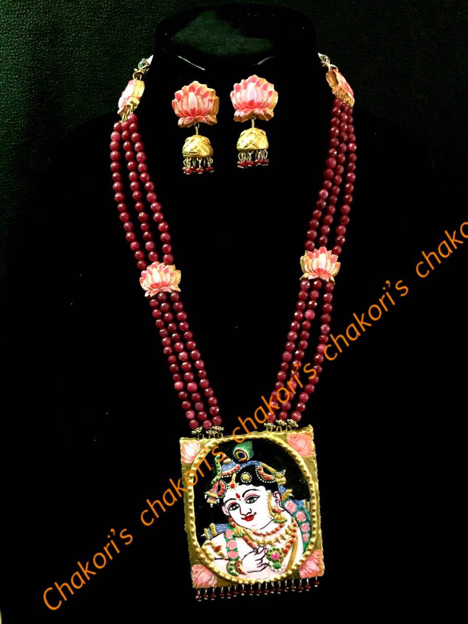 Tanjore Painting Butter Krishna Pendant w/Lotus Jhumkas & Rubies