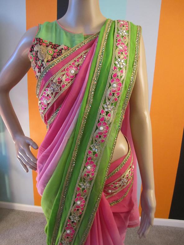 Bollywood Style Four Shaded Pink & Green Georgette Designer Saree ...