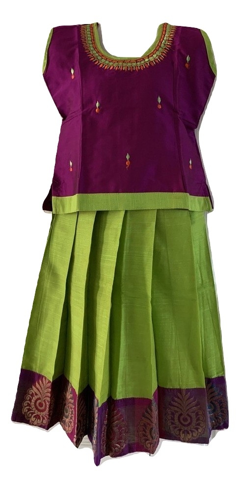 Green And Purple Raw Silk Pattu Pavada Available In Three Colors