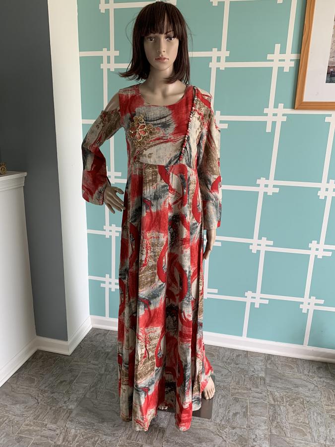 Red Prints All Over Long Dress Cold Shoulder - Size M Red Prints All Over Long Dress Cold Shoulder - Size M