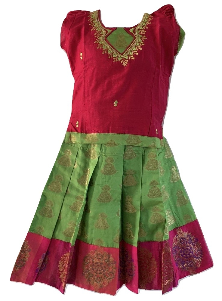 Green and Pink Chanderi Silk Pattu Pavada Size Available In Two Sizes Green and Pink Chanderi Silk Pattu Pavada Size Available In Two Sizes