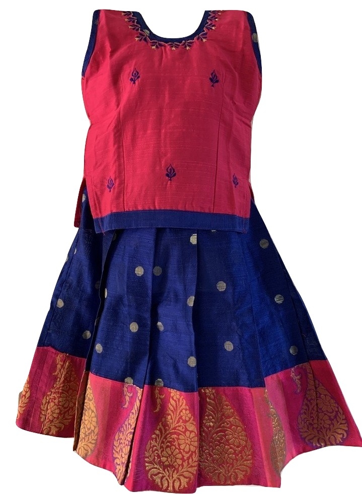 Blue And Pink Raw Silk Butta Pattu Pavada Available In Two Sizes Blue And Pink Raw Silk Butta Pattu Pavada Available In Two Sizes