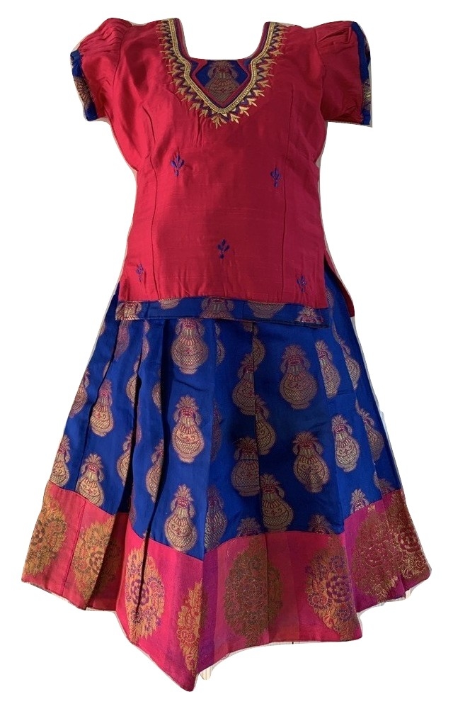 Blue and Pink Chanderi Pattu Pavada - Size 18 ( 2yrs to 3yrs) Blue and Pink Chanderi Pattu Pavada - Size 18 ( 2yrs to 3yrs)