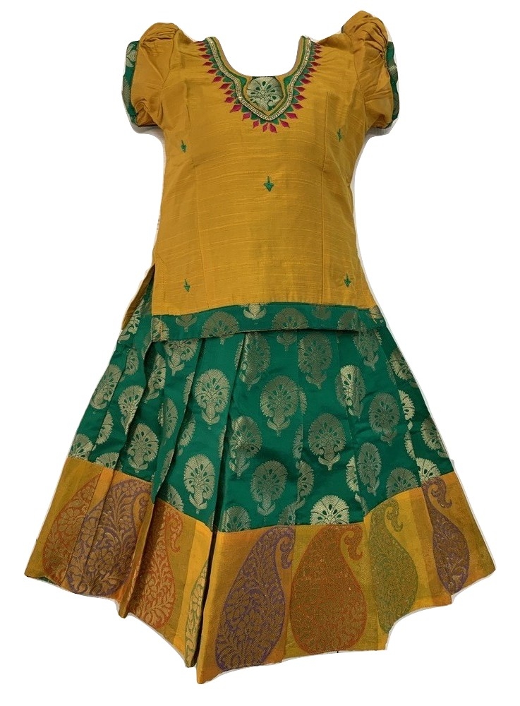 Green and Mustard Color Chanderi Pattu Pavada Available In Three Sizes
