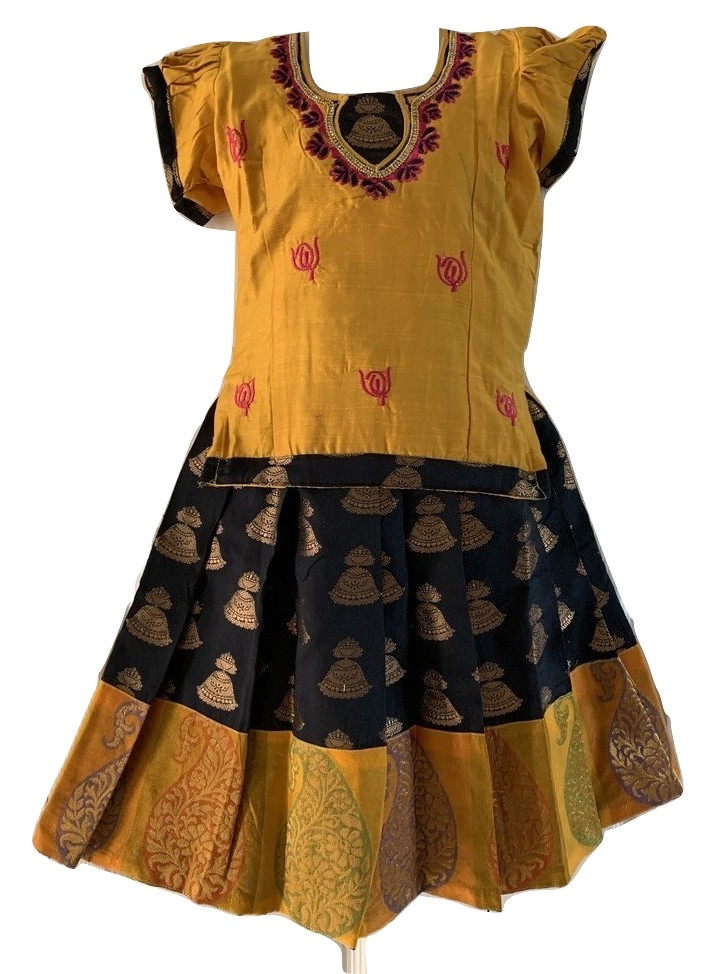 Black and Mustard Color Pattu Pavada Size 18 2yrs to 3yrs Black and Mustard Color Pattu Pavada Size 18 2yrs to 3yrs
