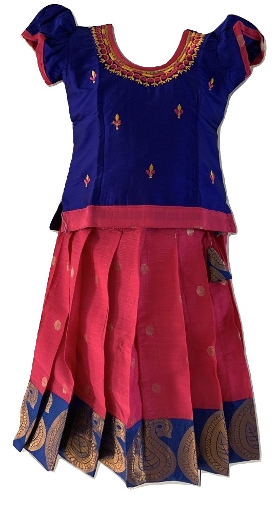 Pink and Blue Raw Silk Pattu Pavada Available In Three Sizes Pink and Blue Raw Silk Pattu Pavada Available In Three Sizes