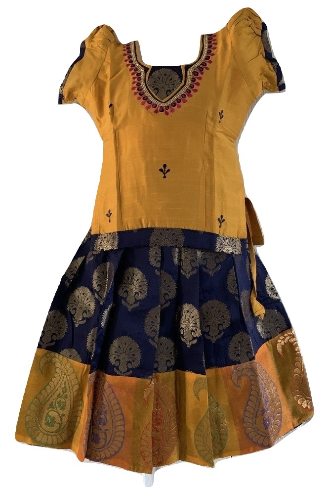 Navy Blue and Mustard Color Chanderi Pattu Pavada Size 16 1yrs to 2yrs Navy Blue and Mustard Color Chanderi Pattu Pavada Size 16 1yrs to 2yrs