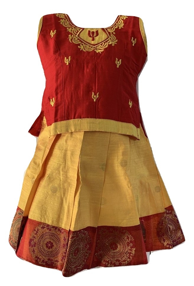 Yellow And Red Pattu Pavada Size Available In Two Sizes