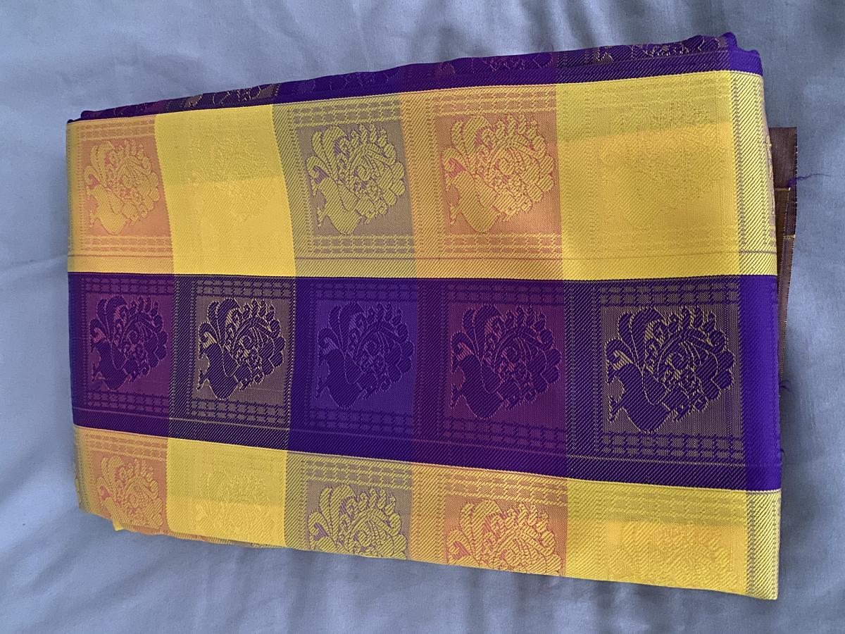 Kancheepuram Purple Yellow Silk Saree w/ Beautiful Pallu