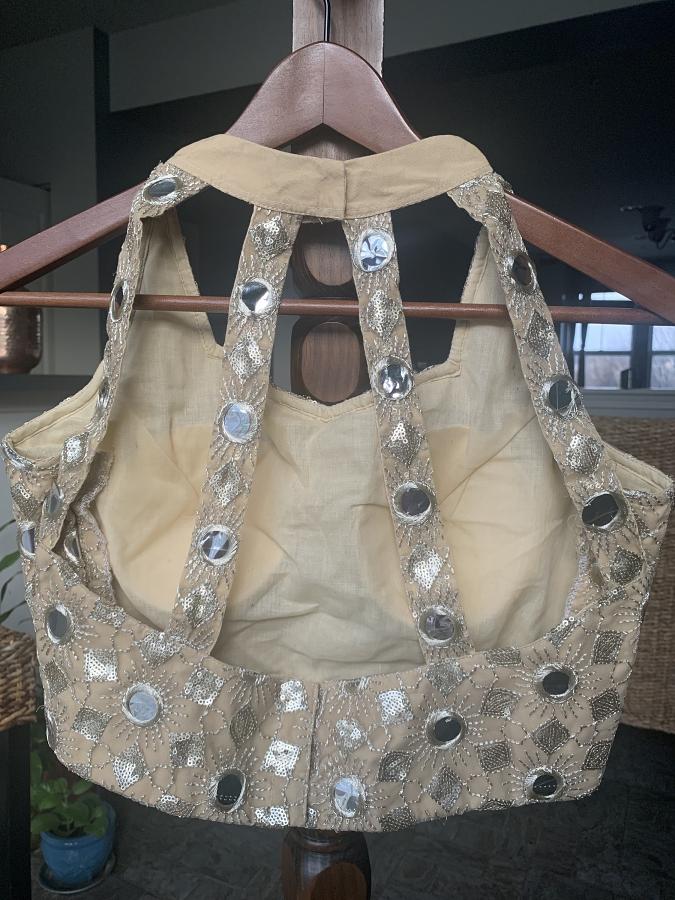 Size 36 Beige Gold Net Mirror Work Embroidered Designer/Saree Blouse/Ready Size 36 Beige Gold Net Mirror Work Embroidered Designer/Saree Blouse/Ready