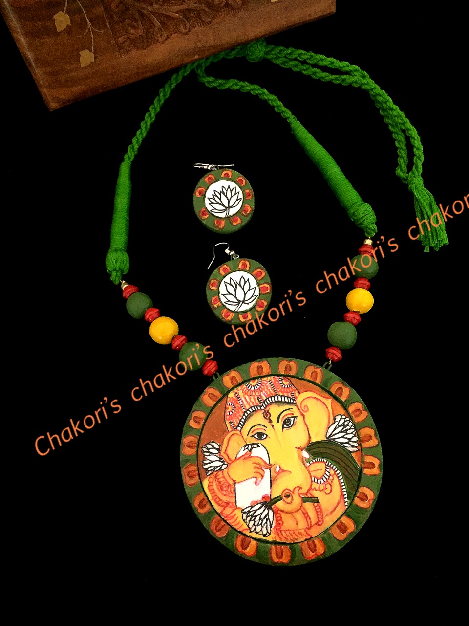 Ganesha Kalamkari Handpainted Necklace Set, Terracotta Partywear Necklace 