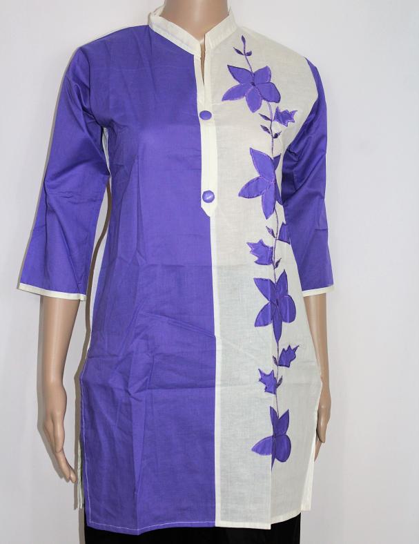 Women Applique Short Kurti, Ethnic Top blue Cotton Blend