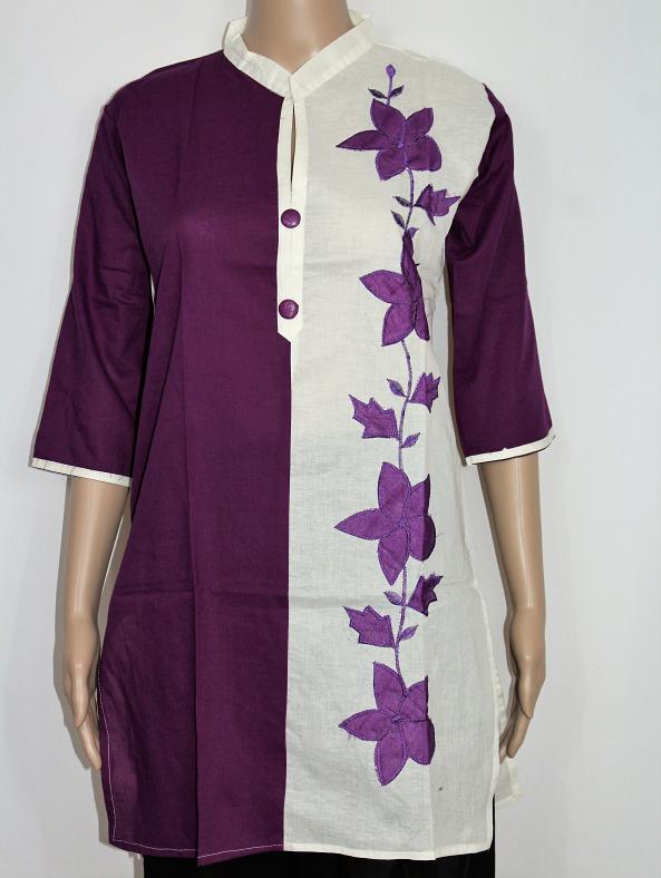 Purple White Cotton Kurti /w Applique Flower (XS-36'', S-38'') Purple White Cotton Kurti /w Applique Flower (XS-36'', S-38'')