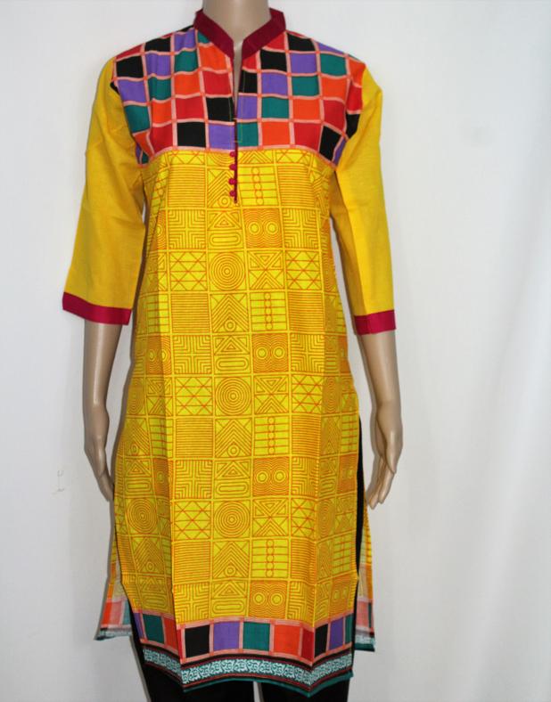 Yellow Printed Kurti w/ Check Design Multi Color Border (M) #30852 ...