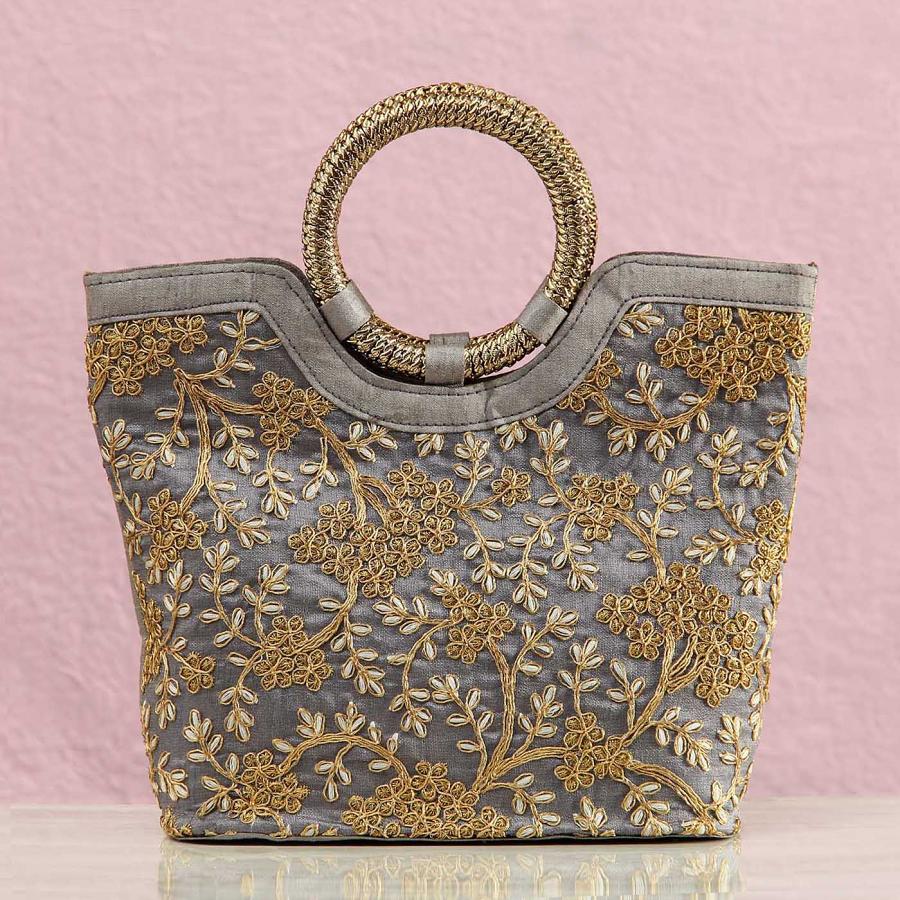 Silk Handbag with Jari Work Embroidery