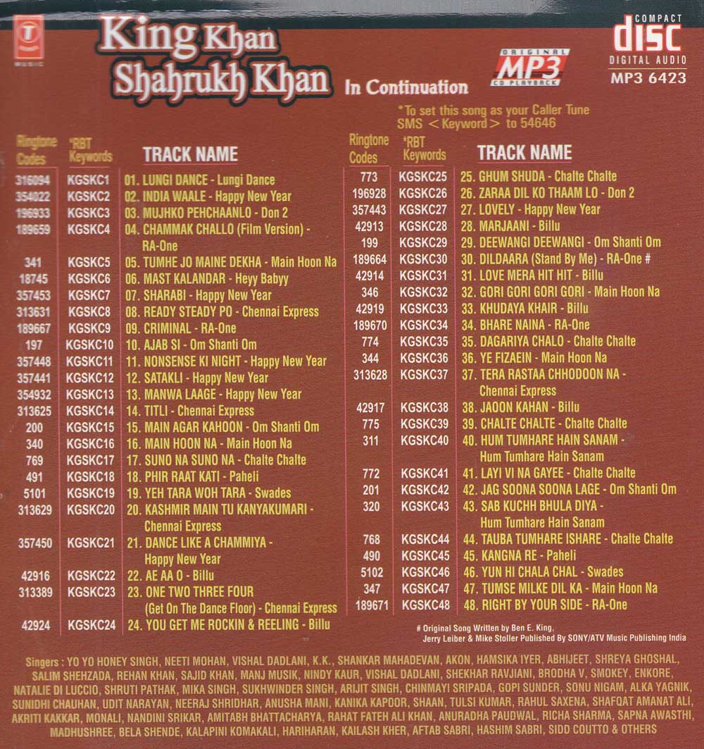 King Khan Shahrukh Khan Songs Mp3 25899 Buy Bollywood Music Online