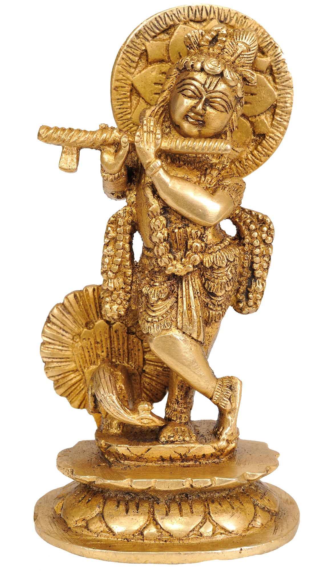 Krishna Statue w/ Peacock In Natural Brass 6 Inches