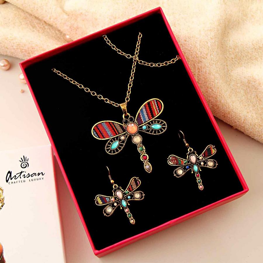 Dragonfly Design Long Chain Pendant Necklace With Matching Earrings