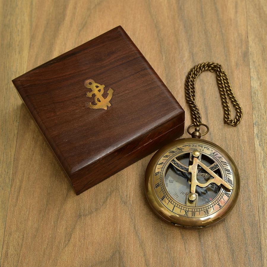 Antique Copper Finish Solid Brass Push Sundial Compass In Sheesham Wood Box