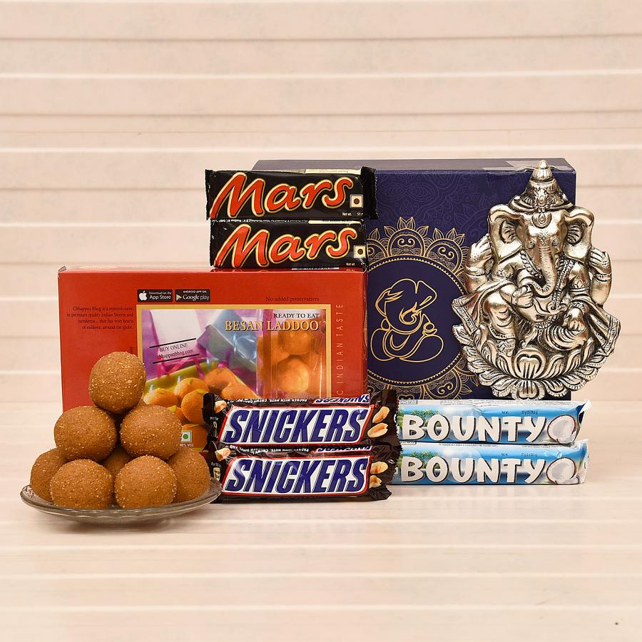 Lord Ganesha Wall Hanging w/ Besan Laddooo & Chocolate Bars