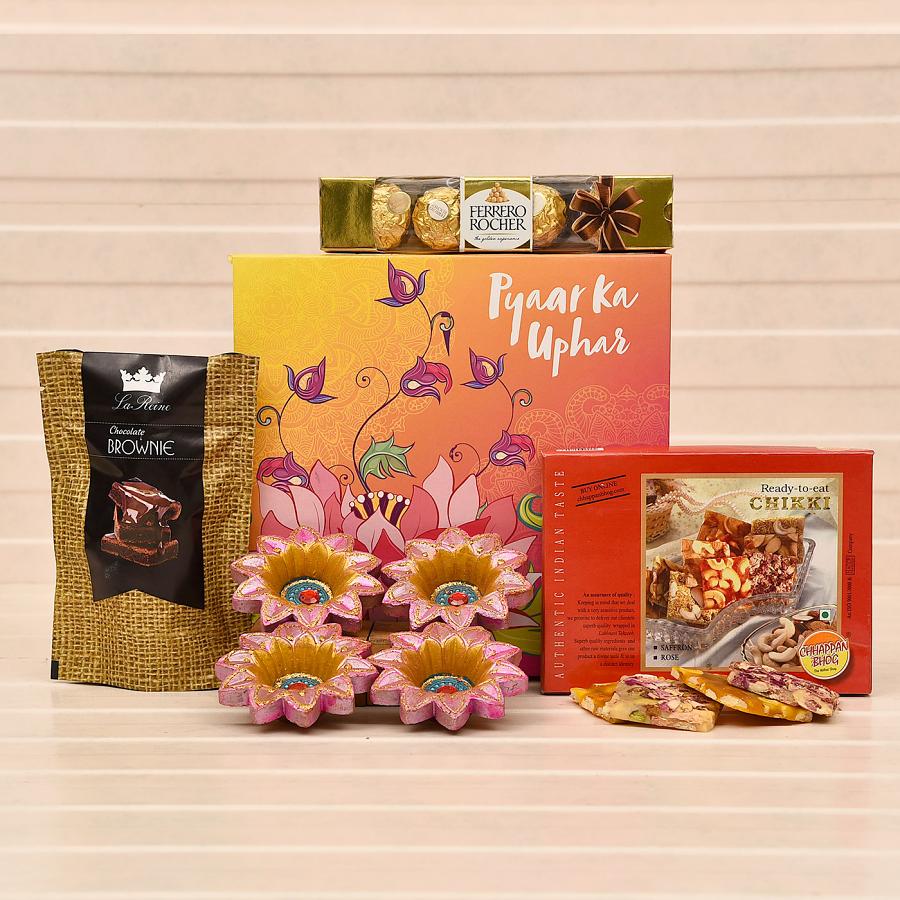 Delectable Gift Hamper of Chocolates & Sweets w/ 4 Fancy Diwali Diyas