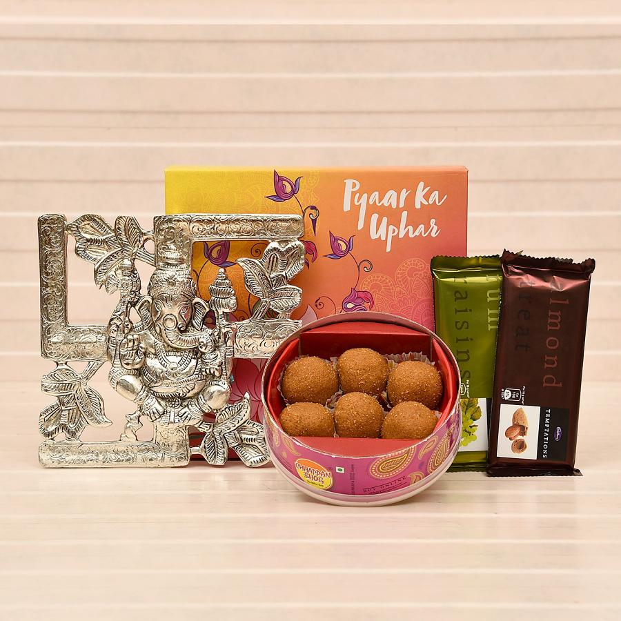 Divine Swastika Ganesha Wall Hanging wBesan Laddoo CD box & Temptation Bars