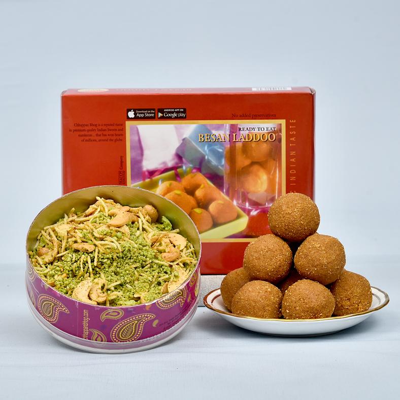 Meenakari & Kundan Dial Rakhi and Lumba Hamper with Sweets & Namkeen
