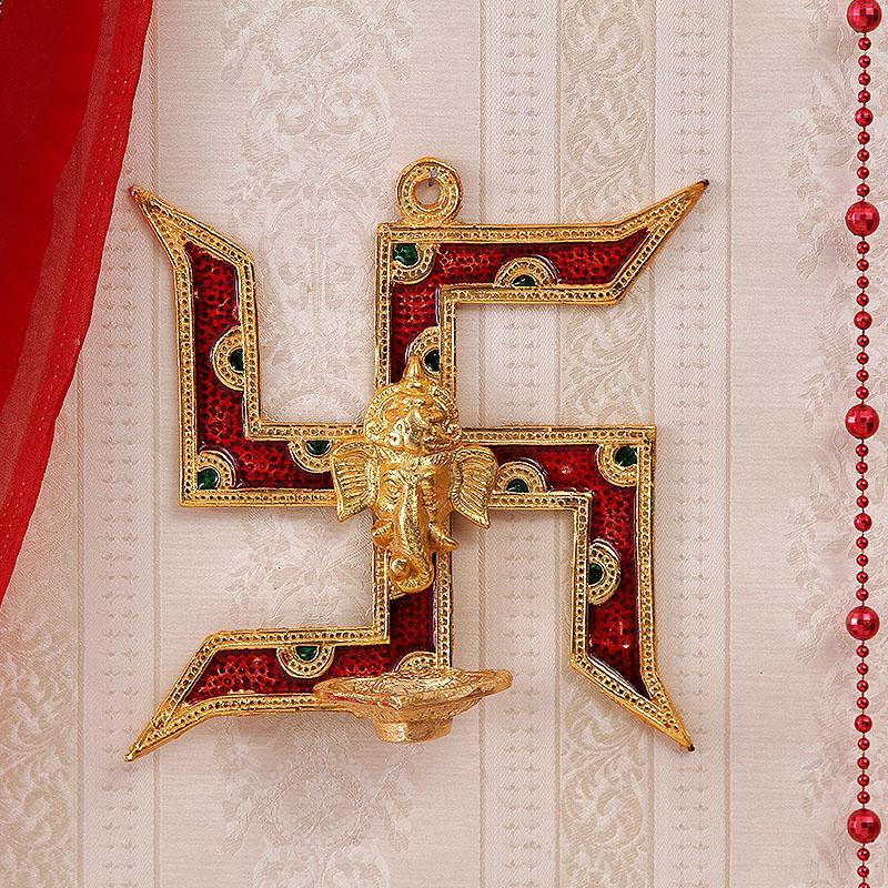 Gold Finish Swastika with Diya Wall Decor 7 Inch.