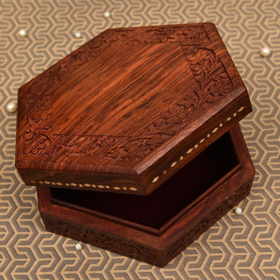 Intricately Carved Handcrafted Sheesham Wood Jewellery Box 8.8"
